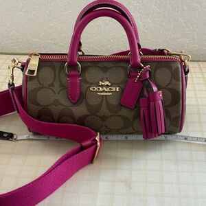 Coach Mini Barrel Bag in Khaki with Fuchsia Leather Trim and Crossbody Strap